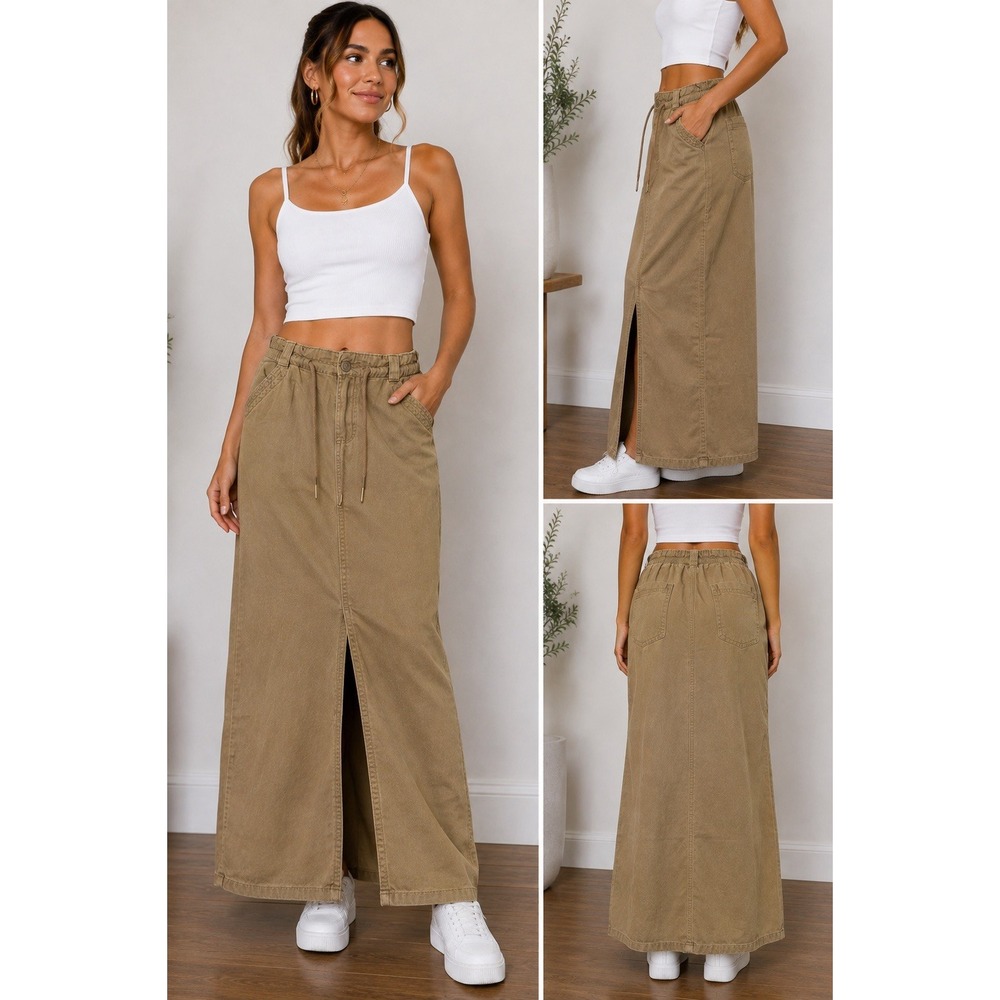 Maurice's Tan Maxi Skirt Front Slit Lyocell Blend Size 6 Utility